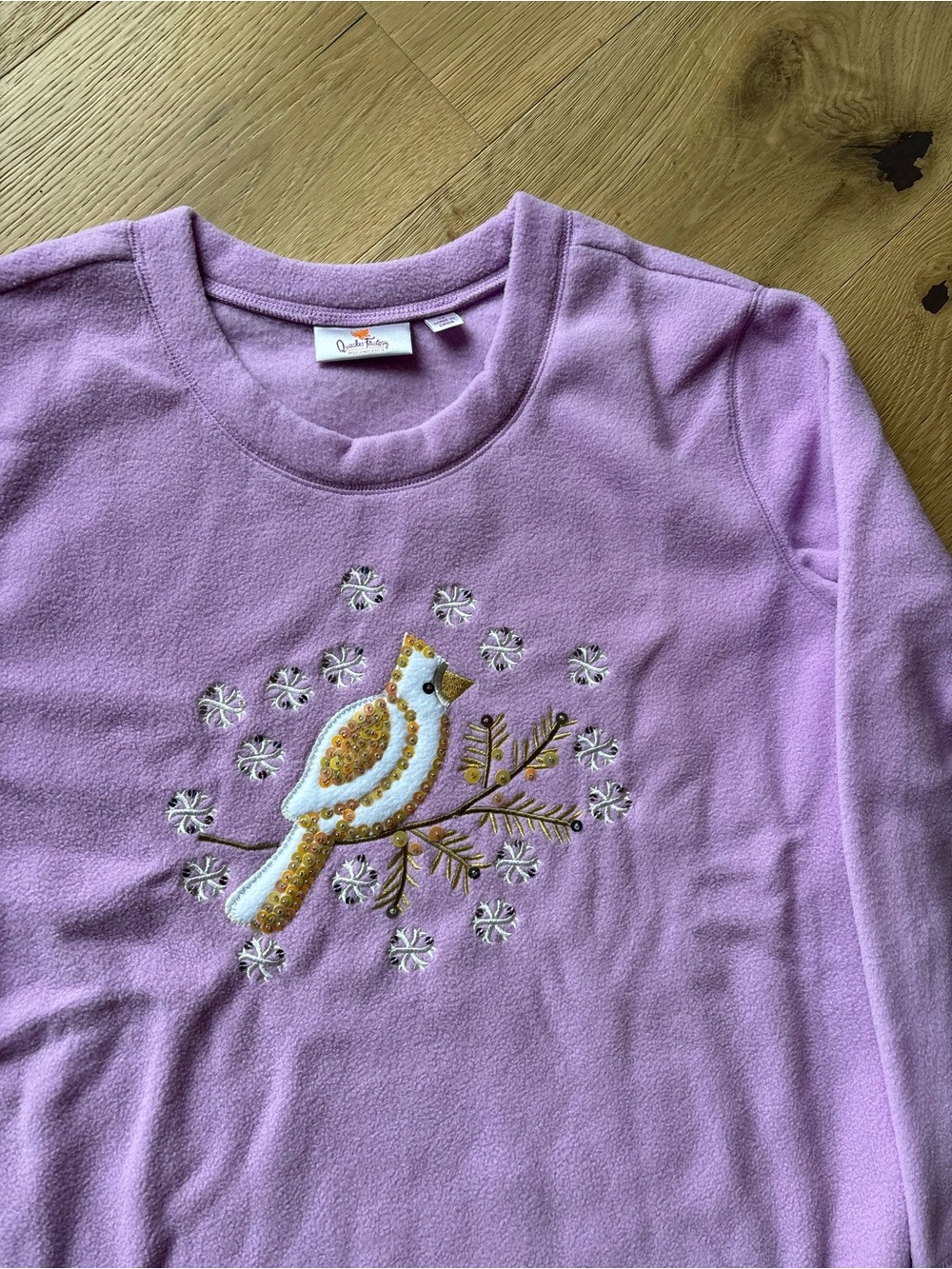 NWT Quacker Factory Lavender Soft Fleece Top Embroidered Sequin Snow Bird 1X
